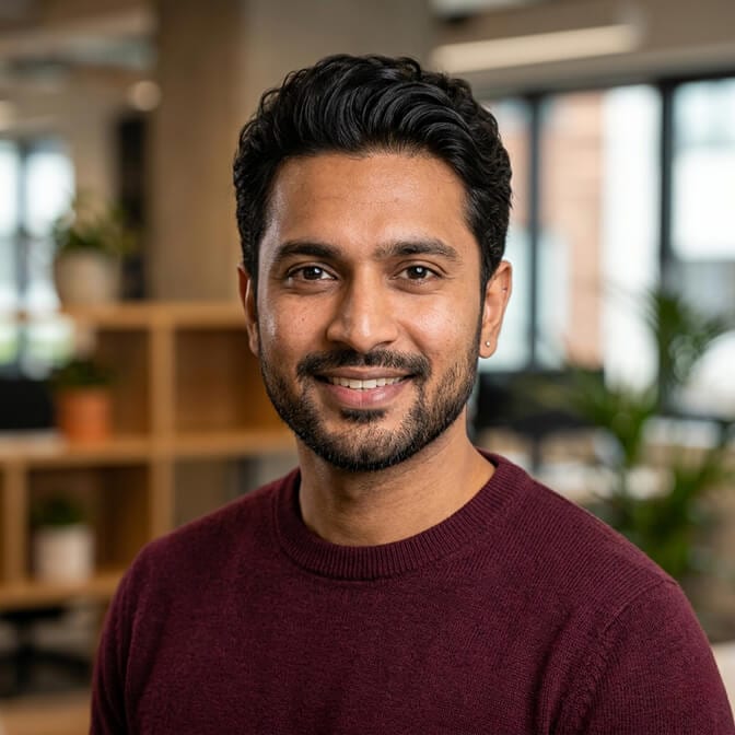 Professional headshot of a person in a warm burgundy sweater against a soft office background showing how a rich jewel tone keeps focus on the face