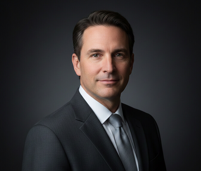 Executive headshot with a dark gray charcoal background projecting authority