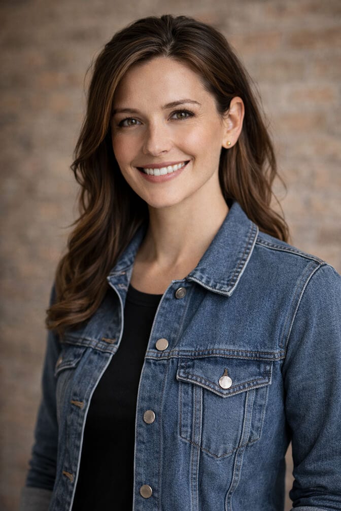 Professional headshot wearing a denim jacket over a dark top for a creative look
