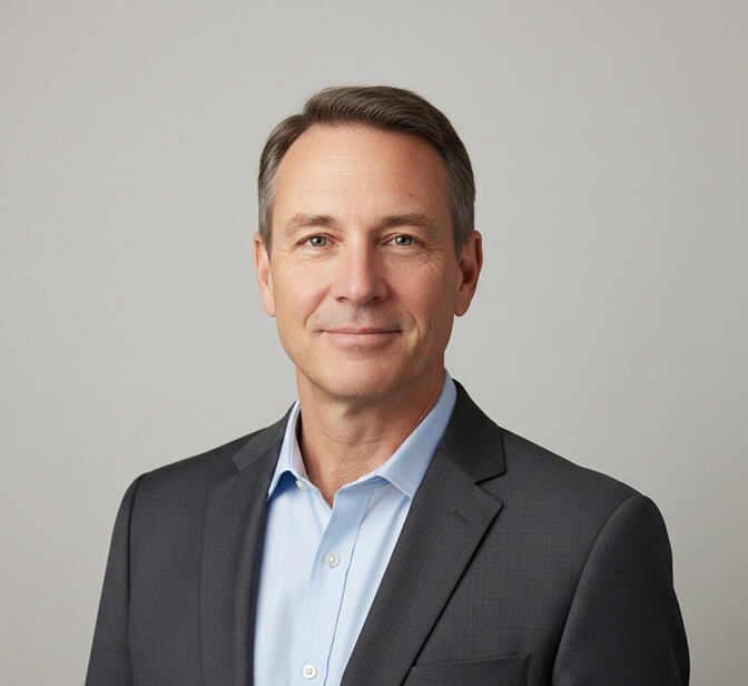 Professional headshot with a light gray background for corporate use