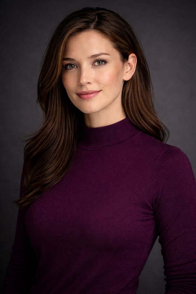 Professional headshot in a fitted mock neck top with a clean editorial look