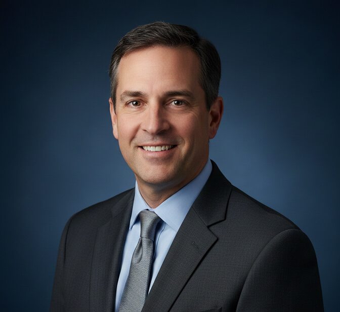 Professional headshot with a navy blue background conveying trust and credibility