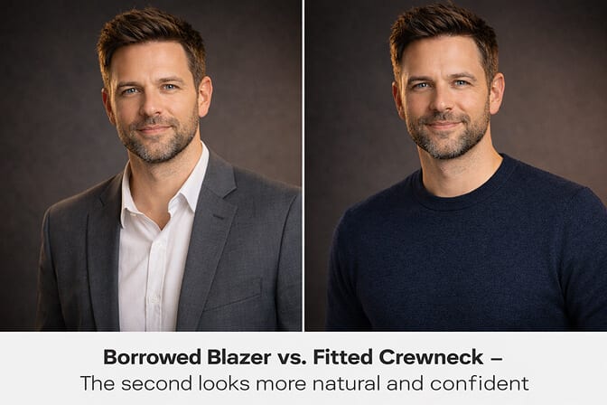 Professional headshot without a blazer showing a confident casual look