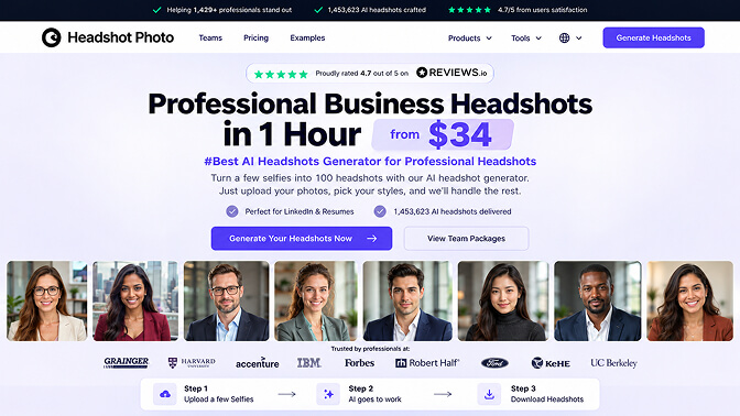 Headshot Photo homepage showing the headline Professional Business Headshots in 1 Hour from $34, a row of sample AI headshots, and the three-step upload, generate, download flow.
