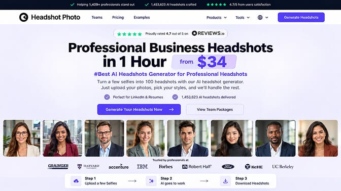 Headshot Photo homepage showing the headline Professional Business Headshots in 1 Hour from $34, a row of sample AI headshots, and the three-step upload, generate, download flow.