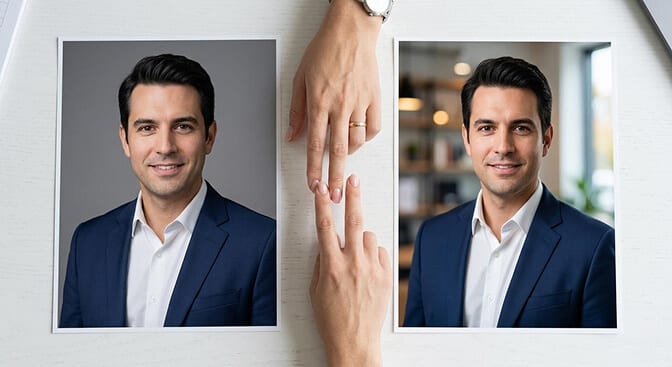 Blind test results showing colleagues could not reliably distinguish between AI generated and photographer headshots