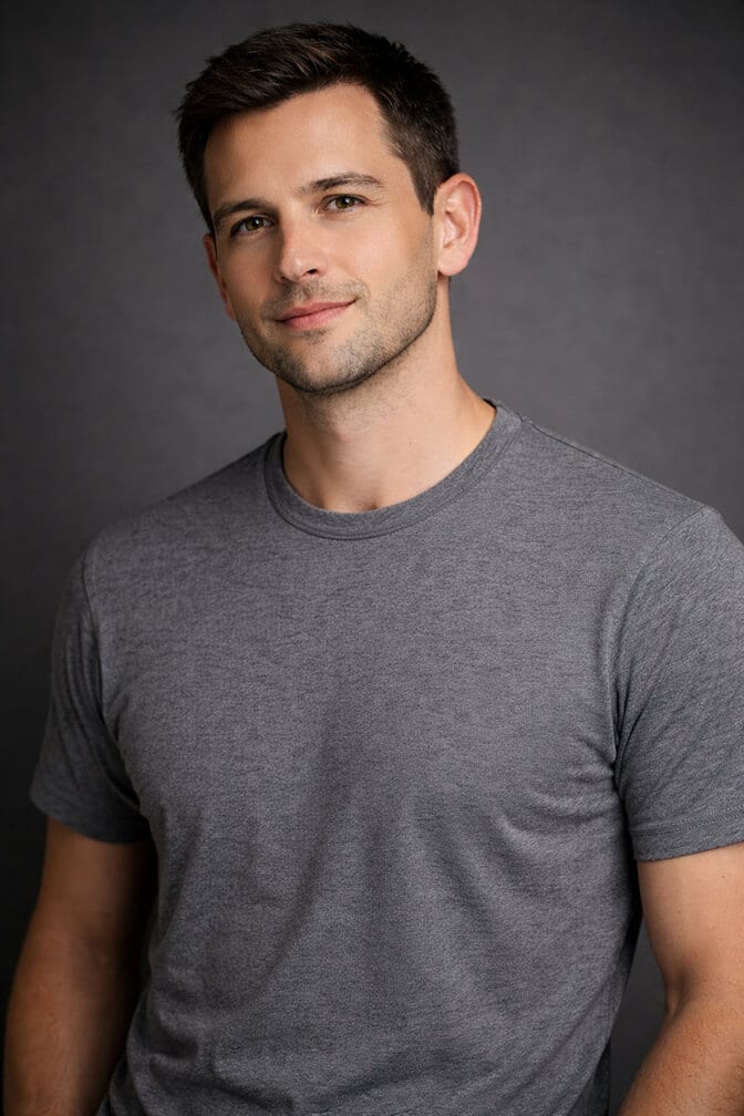 Professional headshot in a quality plain t-shirt for creative professionals