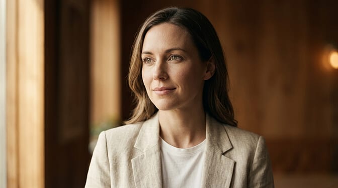 Cinematic editorial style headshot with soft directional window light and off center composition
