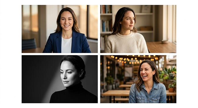 Five cohesive headshots from one session for LinkedIn website podcast and color and black and white use