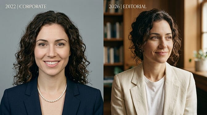Side by side comparison of a 2018 corporate headshot versus a 2026 modern editorial headshot