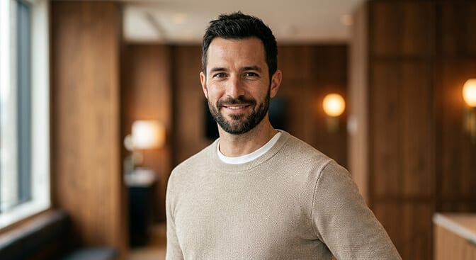 Range of smart casual headshot outfits including fitted knit linen shirt and blazer over t-shirt