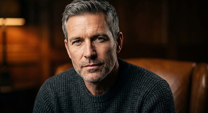 Close up showing visible skin texture pores fabric weave and natural facial detail in a 2026 headshot