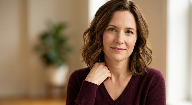 Natural unposed headshot with relaxed shoulders slight body turn and soft eye contact