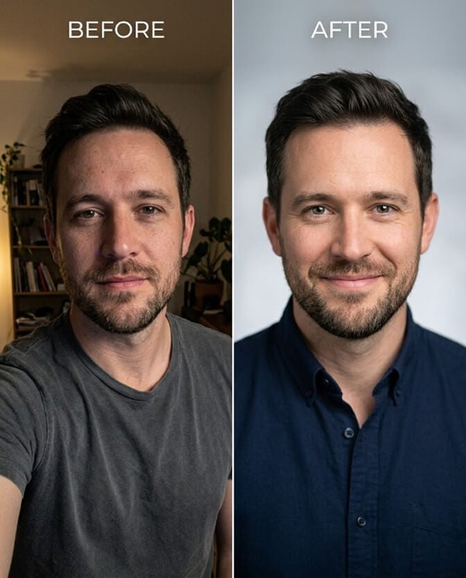 Before and after comparison of a casual selfie turned into a professional AI headshot