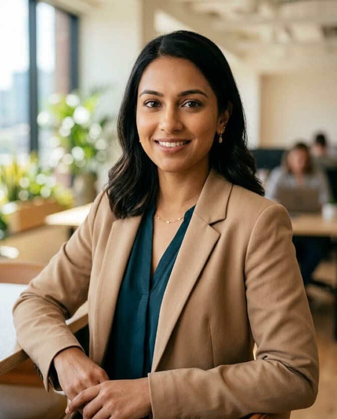 Professional AI headshot of a woman in a tan blazer in an office setting