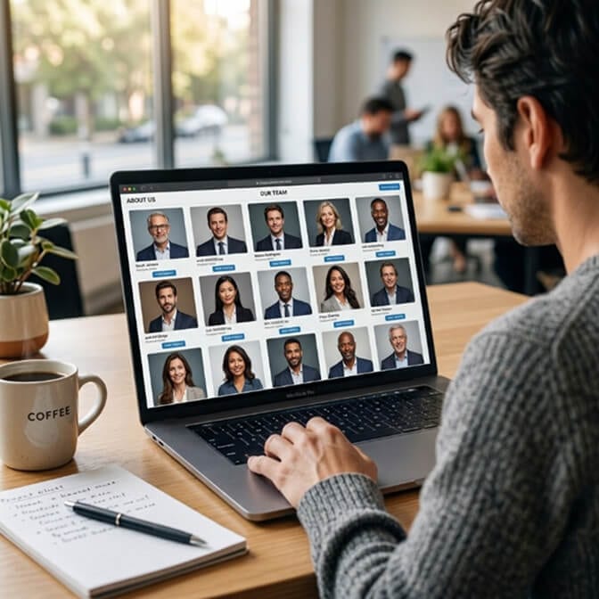 Company about page showing a consistent grid of team headshots on a laptop