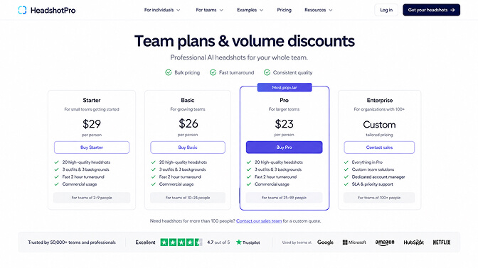 HeadshotPro team pricing page showing Starter, Basic, Pro and Enterprise plans at $29, $26 and $23 per person with volume discounts that scale by team size.
