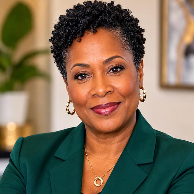 Warm, polished headshot of a professional woman in a green blazer that reads as trustworthy and prepared