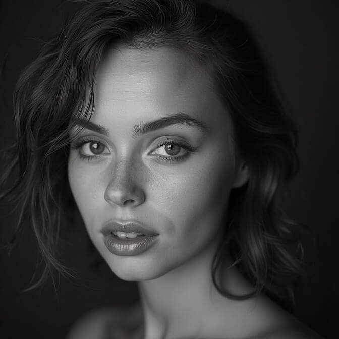 Black and white headshot of a woman with a confident expression, highlighting emotion and expression.