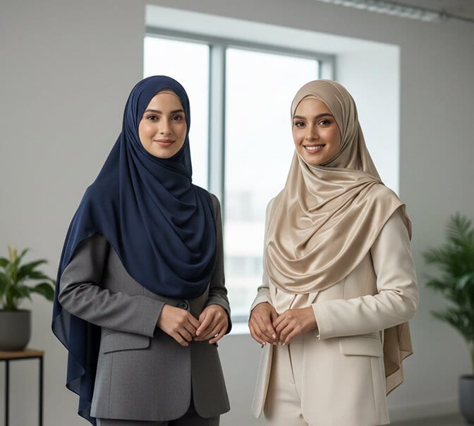 Professional headshot with hijab example showing matte fabric styling