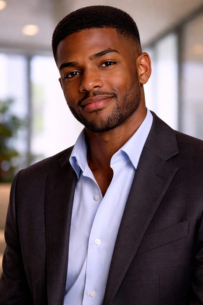Professional AI headshot of a man in a dark suit, the same quality available on entry-level plans