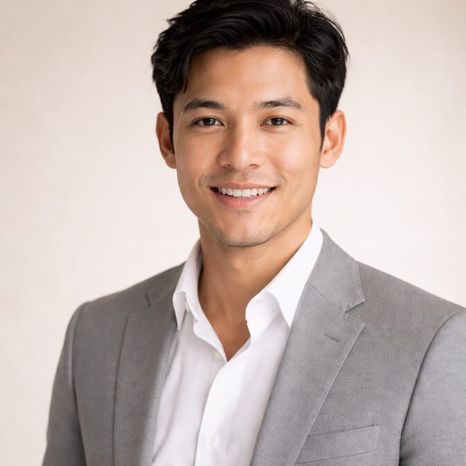 Realistic AI headshot of a man in a light gray suit that looks recognizably like him