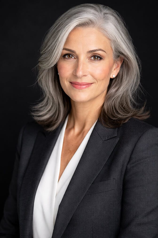 Studio-quality professional headshot of a woman with silver hair in a dark blazer against a dark background