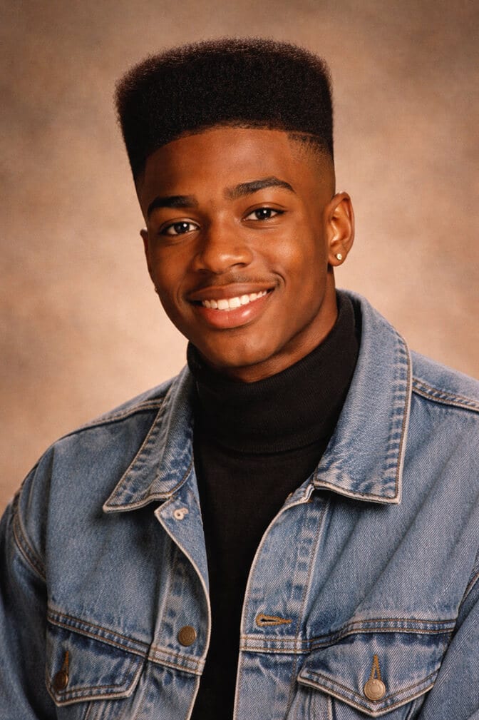 AI 90s yearbook photo of a young man in a denim jacket against a classic studio backdrop