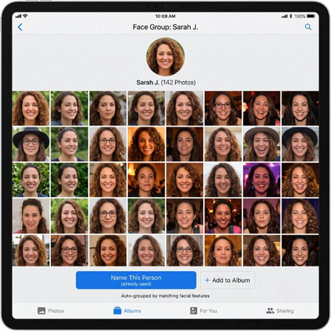 Tonfotos face recognition grouping every photo of one person from a photo library