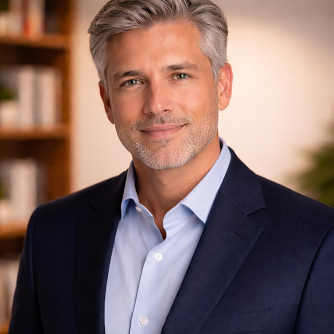 Professional AI headshot of a mature man with gray hair in a navy blazer and light blue shirt against a warm blurred background