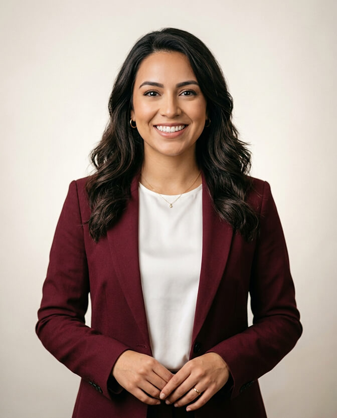 Professional AI headshot of a woman in a burgundy blazer and white top against a neutral background