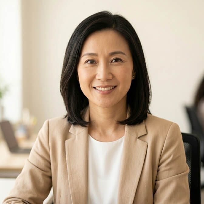 Professional iPhone style headshot of a woman in a navy blazer with tack sharp eyes against a softly blurred background showing the result of locking focus on the eye and setting exposure manually