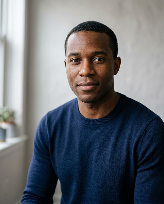 Professional iPhone style headshot of a man in a charcoal sweater shot on the 2x telephoto lens from several feet back showing the natural flattering facial proportions a longer focal length produces