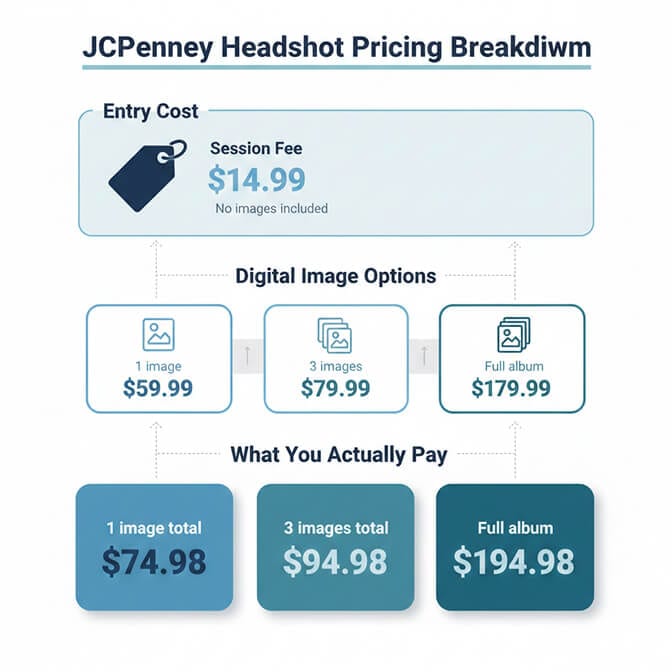 JCPenney headshots pricing breakdown showing session fees and digital image package costs