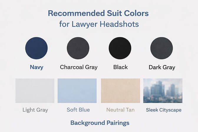 Side by side comparison of different suit colors for lawyer headshots showing navy charcoal and black options