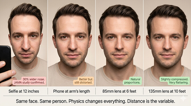 Comparison of selfie taken close up versus photo taken at proper portrait distance