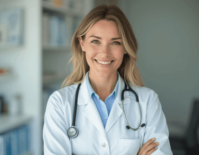 Med school headshot of a woman making an eye contact with camera