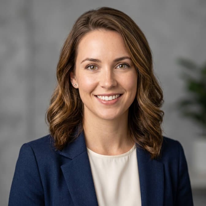 Clean professional LinkedIn headshot of a smiling woman in a navy blazer, the opposite of a cropped party photo