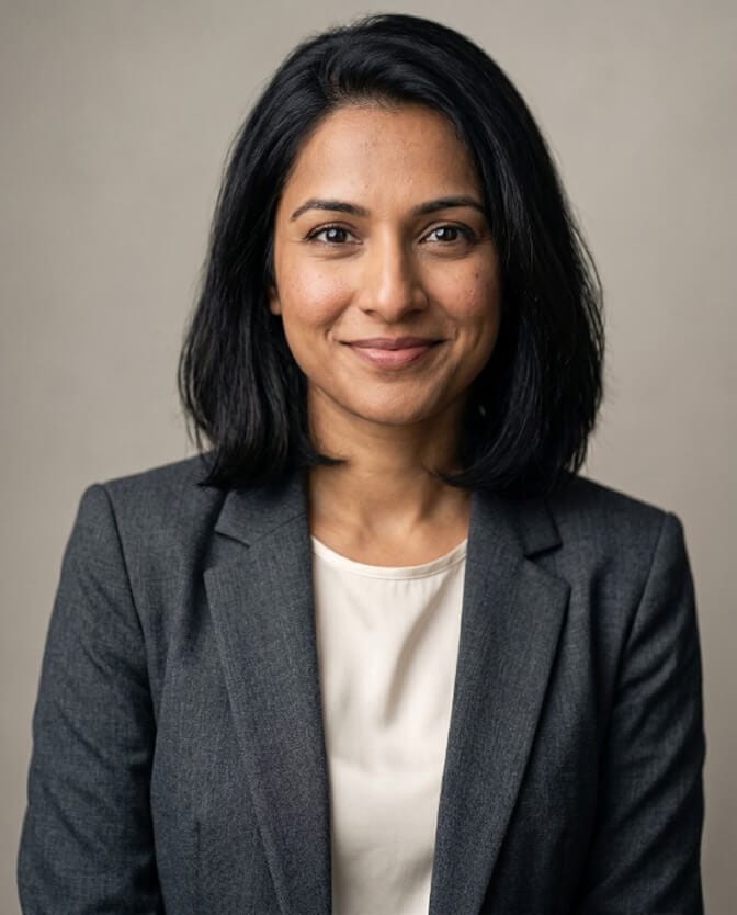 Natural, unfiltered professional headshot of a woman in a grey blazer with realistic skin texture