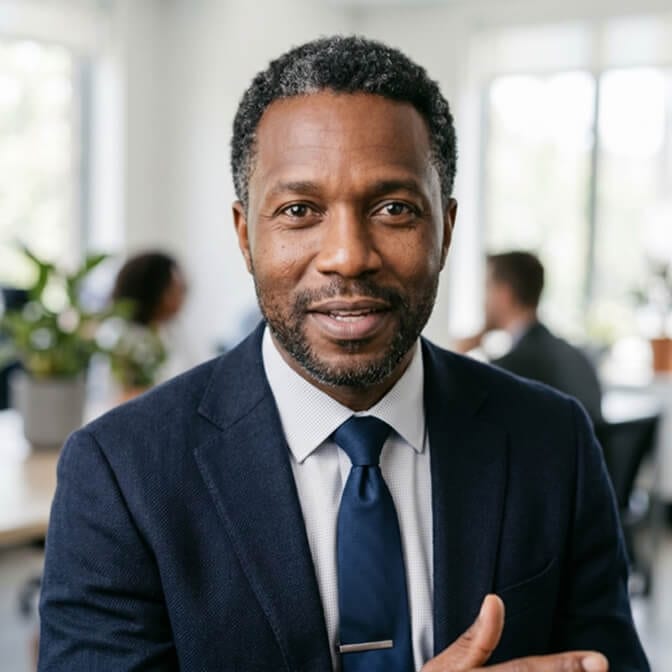 Professional headshot of a man in an office setting, the credible alternative to an arm's-length selfie