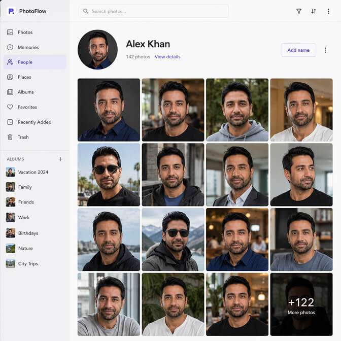 Tonfotos face recognition pulling every photo of one person into a single view