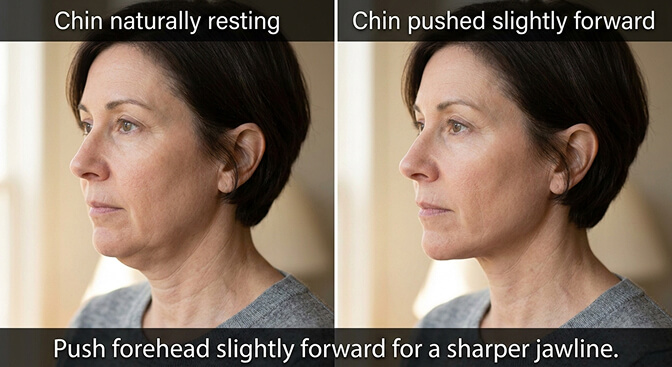 Demonstration of the turtle chin push technique showing jawline definition for passport photos