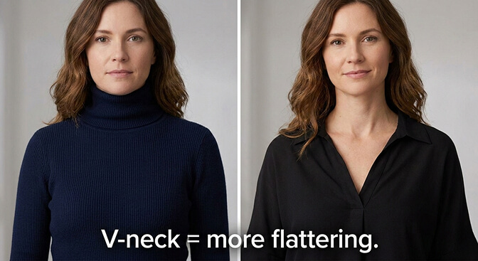 Comparison of different neckline and color choices for passport photos showing flattering versus unflattering options