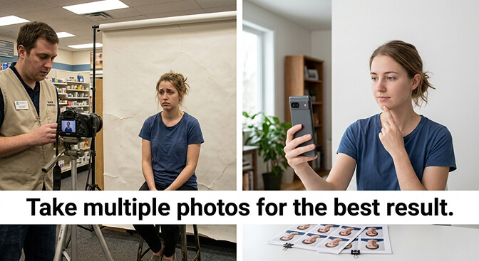 Home setup for taking your own passport photo with phone on tripod facing a window and white wall background