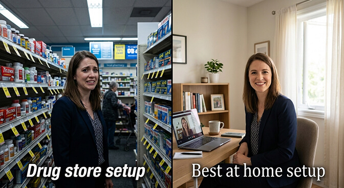 Person standing under harsh fluorescent lighting at a pharmacy counter getting a passport photo taken