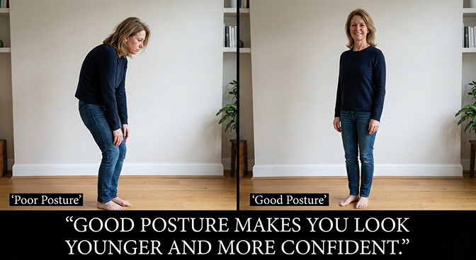 Side-by-side comparison of slouched versus upright posture and the visible difference in a passport photo crop