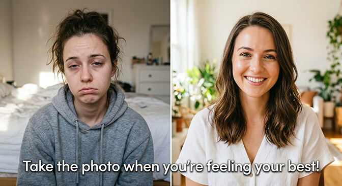 Person looking refreshed and well-rested in the morning preparing for a passport photo