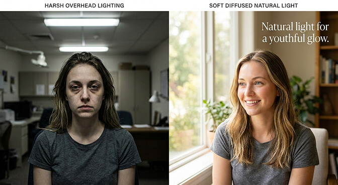 Person facing a large window with soft natural light for a flattering passport photo setup