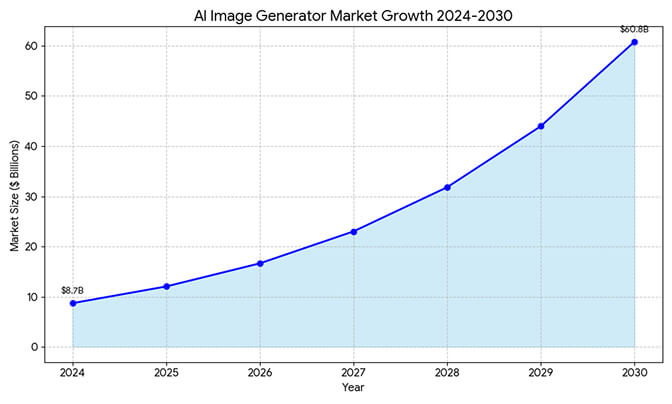 AI image generator market growth chart showing projected expansion from $8.7 billion in 2024 to $60.8 billion by 2030