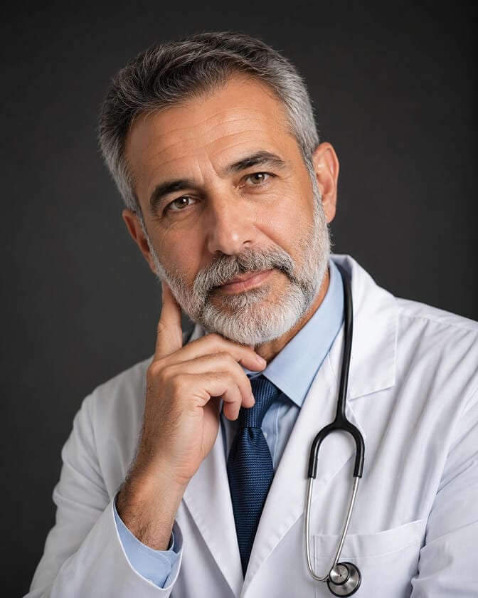 Senior doctor in a white coat with a hand lightly to the chin, a thoughtful pose that signals expertise and care